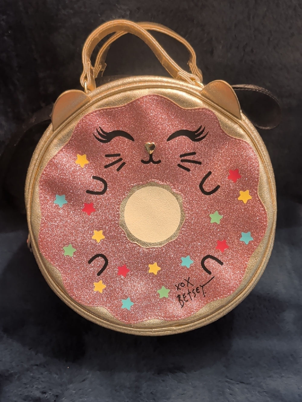 Betsey Johnson Pink Glitter Donut Cat Kids Crossbody Bag with Gold Trim